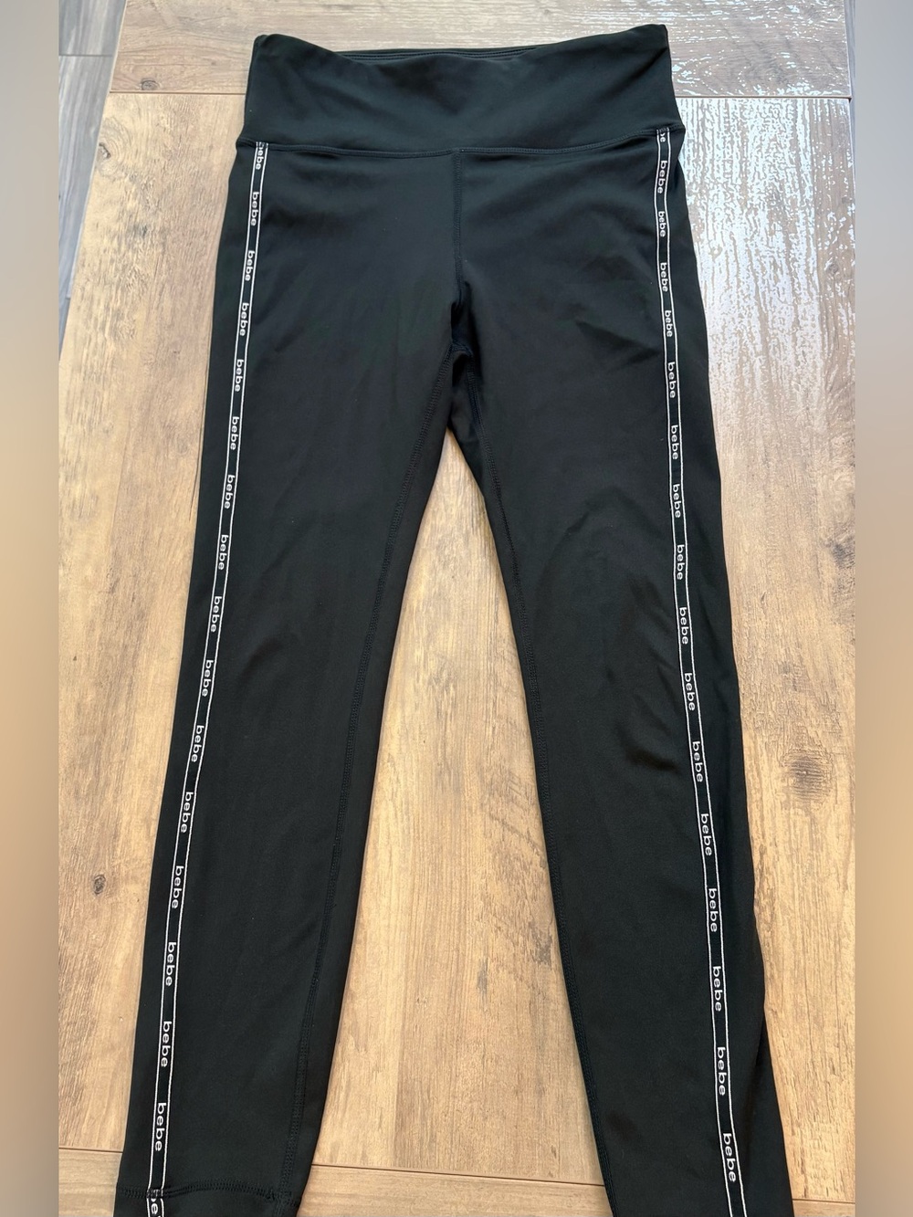 Bebe Sport Black High Waisted Logo Tape Track Workout Yoga Leggings Size M
